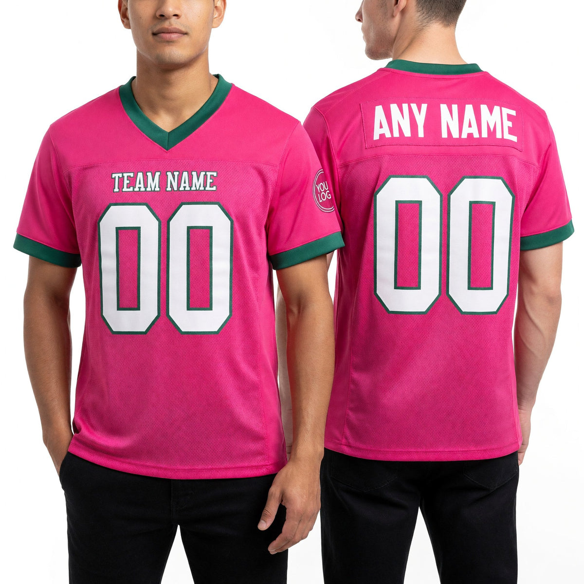 Custom Pink White-Kelly Green Mesh Authentic Football Jersey worn front and back
