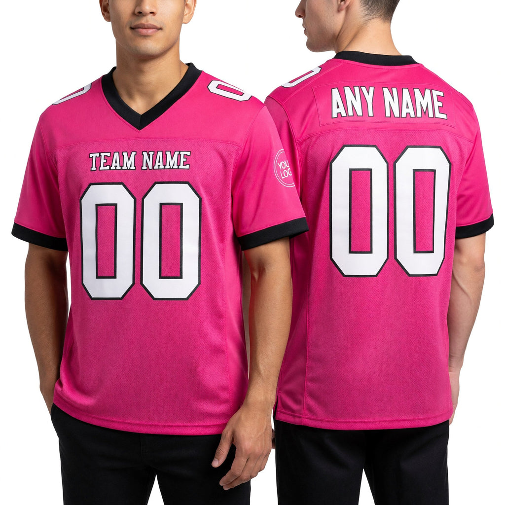 Custom Pink White-Black Mesh Authentic Football Jersey worn front and back