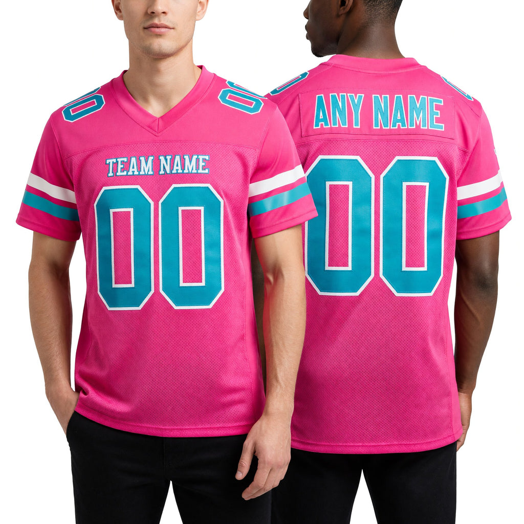Custom Pink Teal-White Mesh Authentic Football Jersey worn front and back