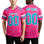 Custom Pink Teal-White Mesh Authentic Football Jersey worn front and back