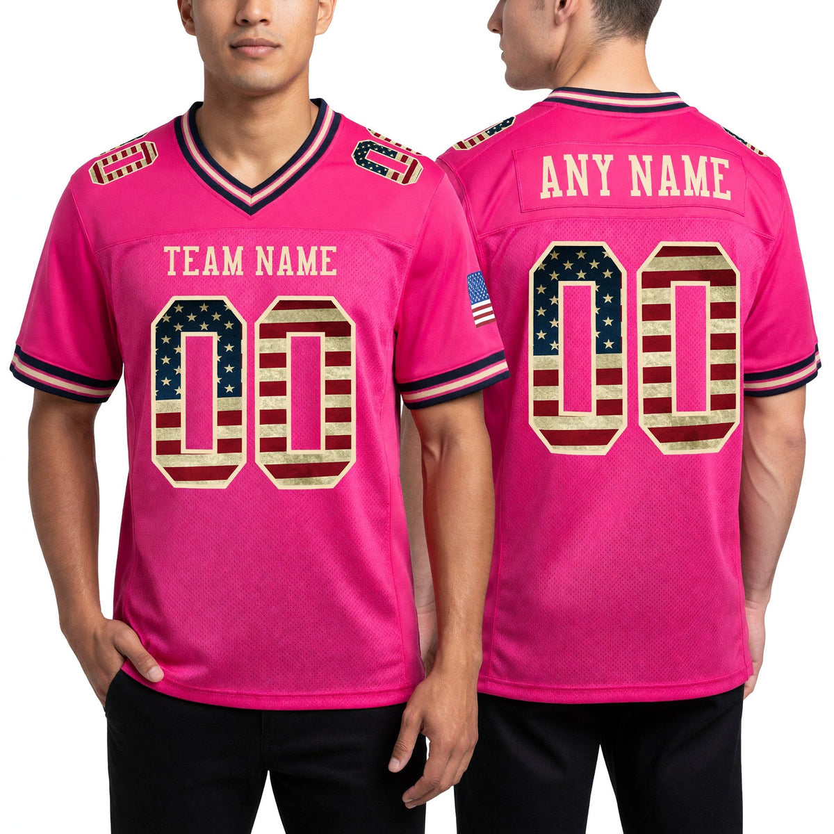 Custom Pink Vintage USA Flag-City Cream Mesh Authentic Football Jersey worn front and back