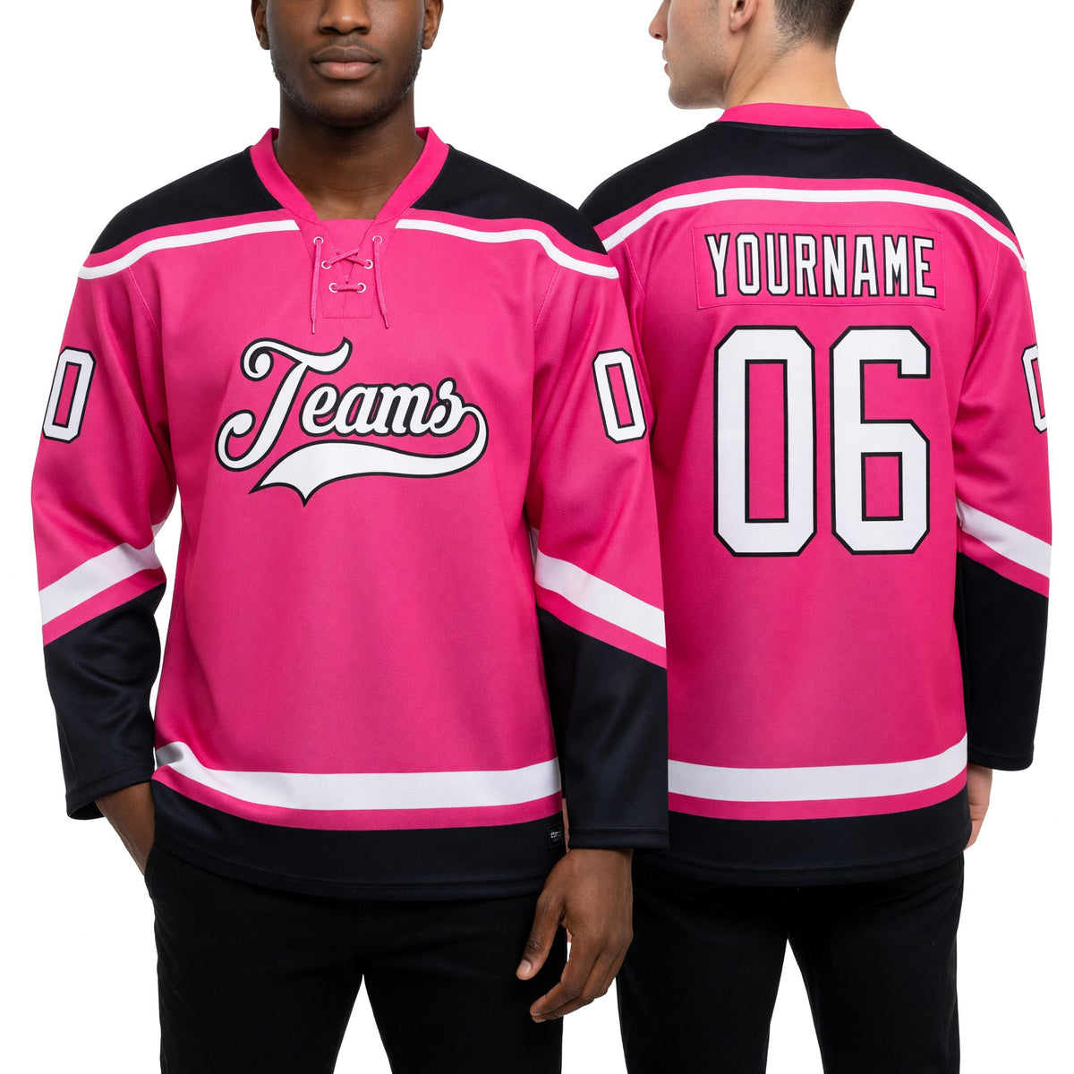 Custom Pink White-Black Hockey Lace Neck Jersey worn front and back