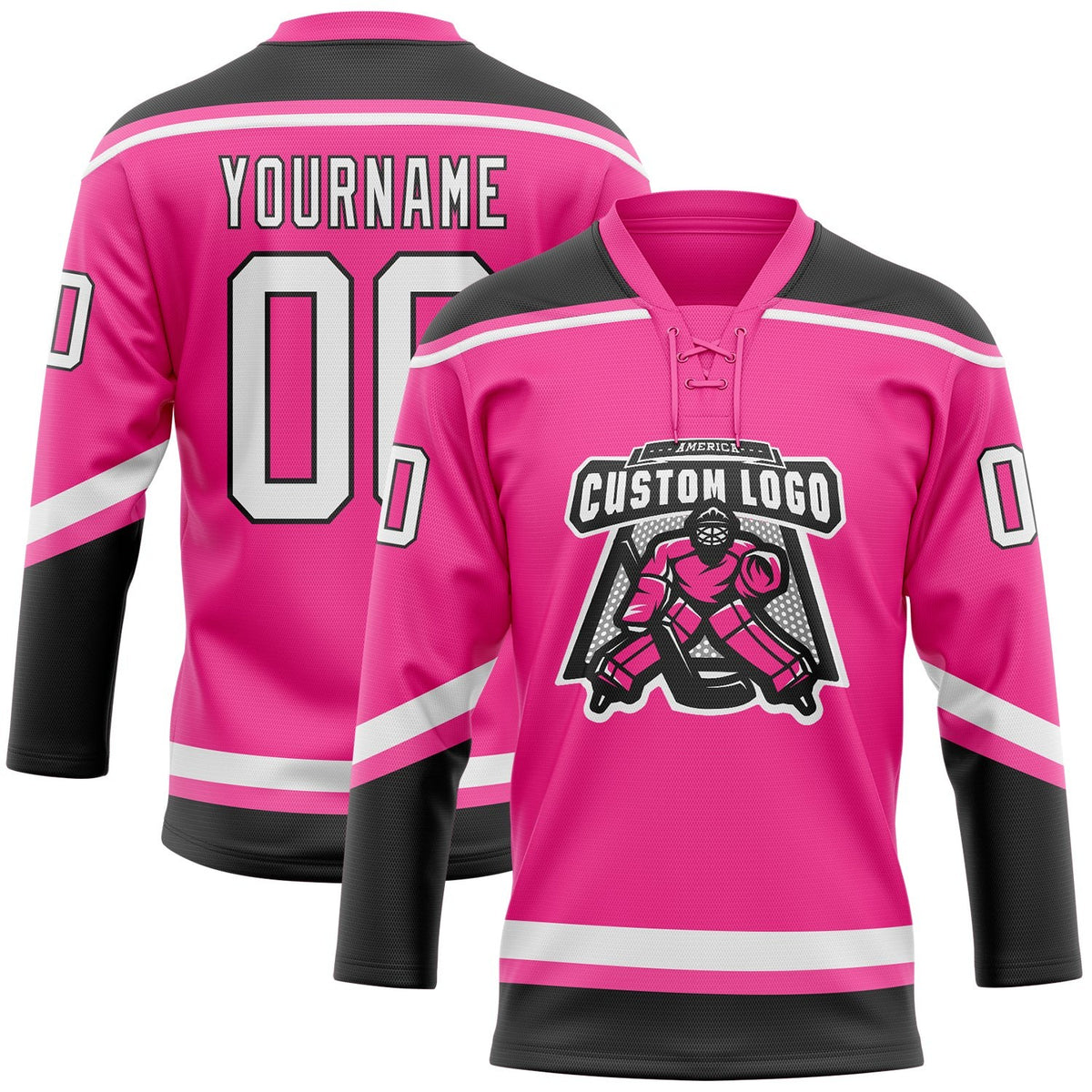 Custom Pink White-Black Hockey Lace Neck Jersey photo 2
