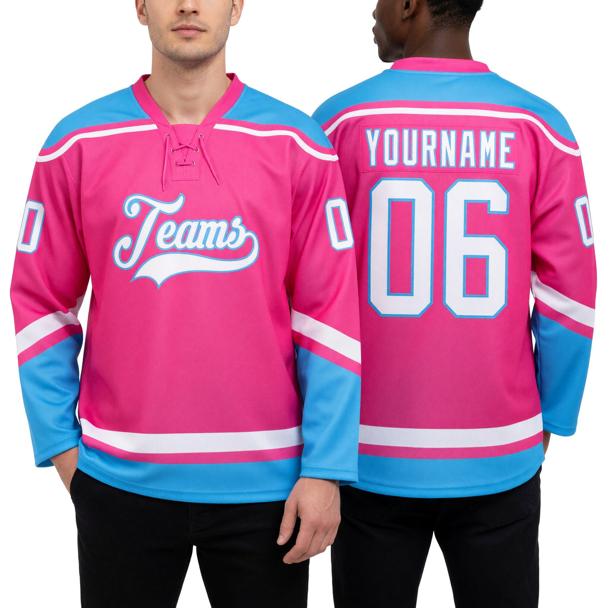 Custom Pink White-Sky Blue Hockey Lace Neck Jersey worn front and back