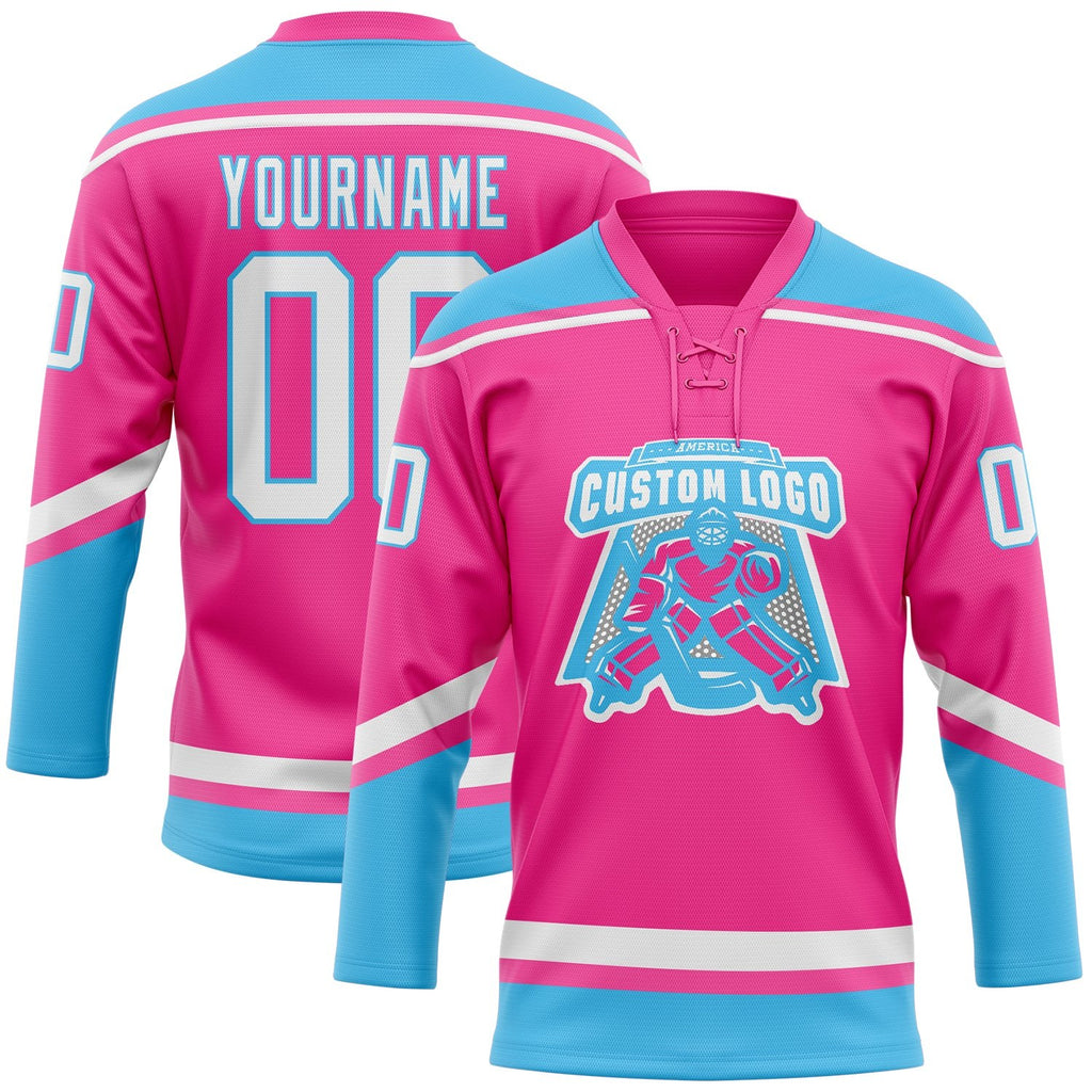 Custom Pink White-Sky Blue Hockey Lace Neck Jersey photo 2