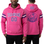 Custom Stitched Pink Purple-White Football Pullover Sweatshirt Hoodie worn front and back