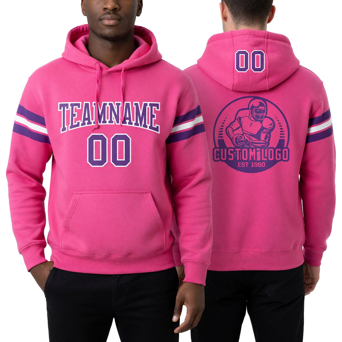 Custom Stitched Pink Purple-White Football Pullover Sweatshirt Hoodie worn front and back
