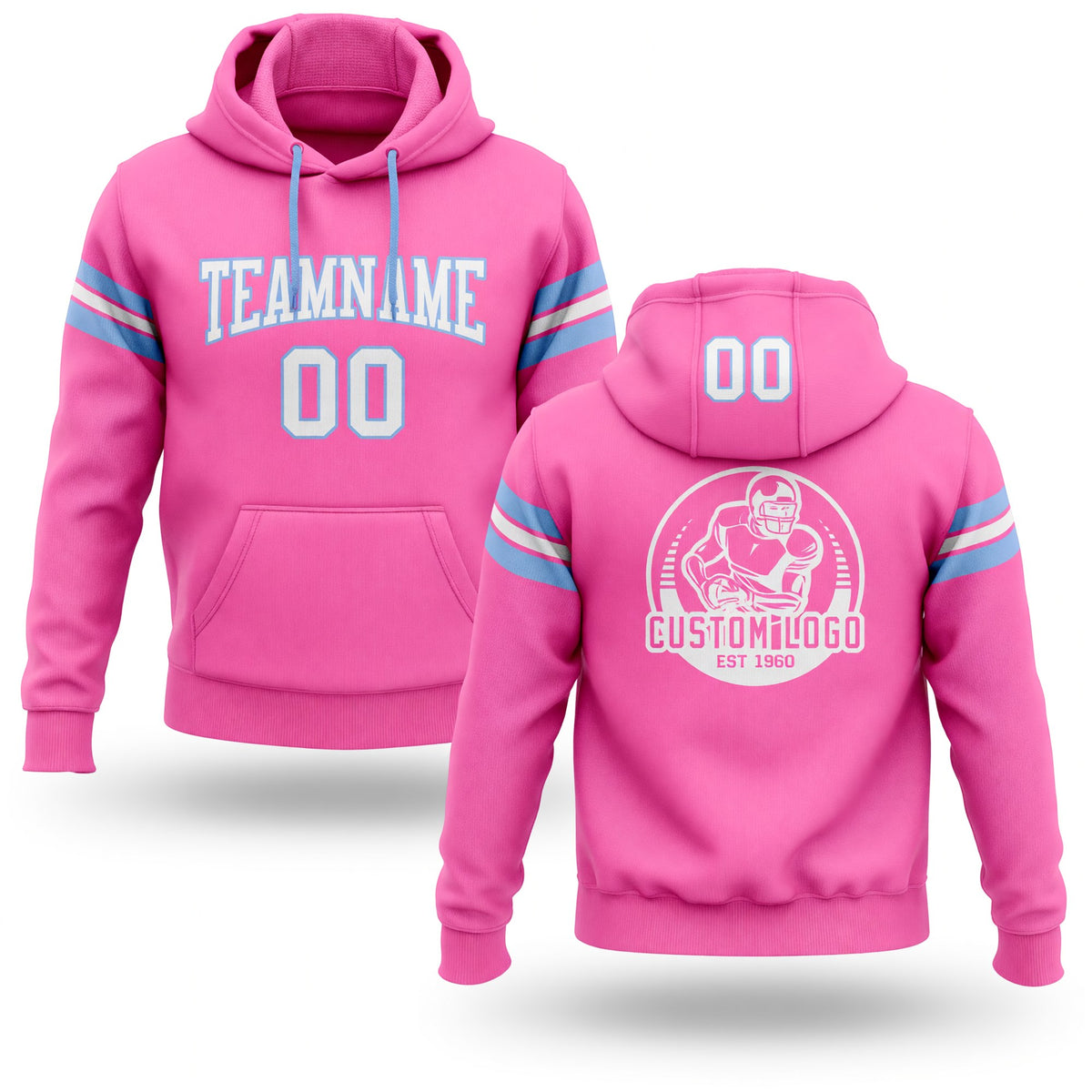 Custom Stitched Pink White-Light Blue Football Pullover Sweatshirt Hoodie