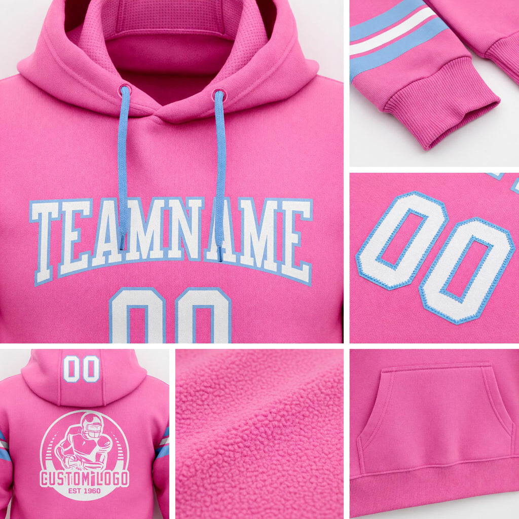 Custom Stitched Pink White-Light Blue Football Pullover Sweatshirt Hoodie detail