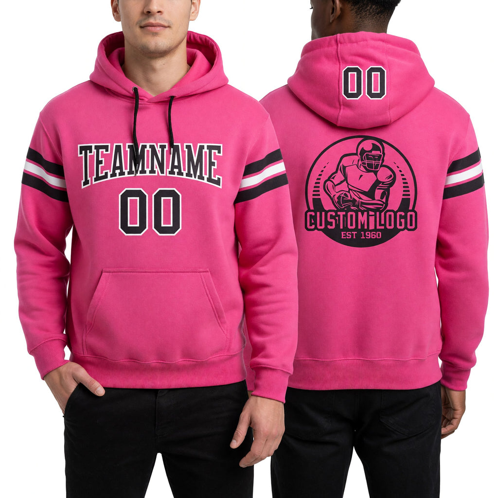 Custom Stitched Pink Black-White Football Pullover Sweatshirt Hoodie worn front and back
