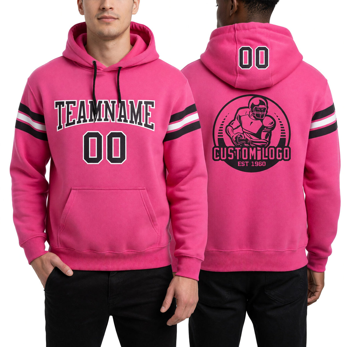 Custom Stitched Pink Black-White Football Pullover Sweatshirt Hoodie worn front and back