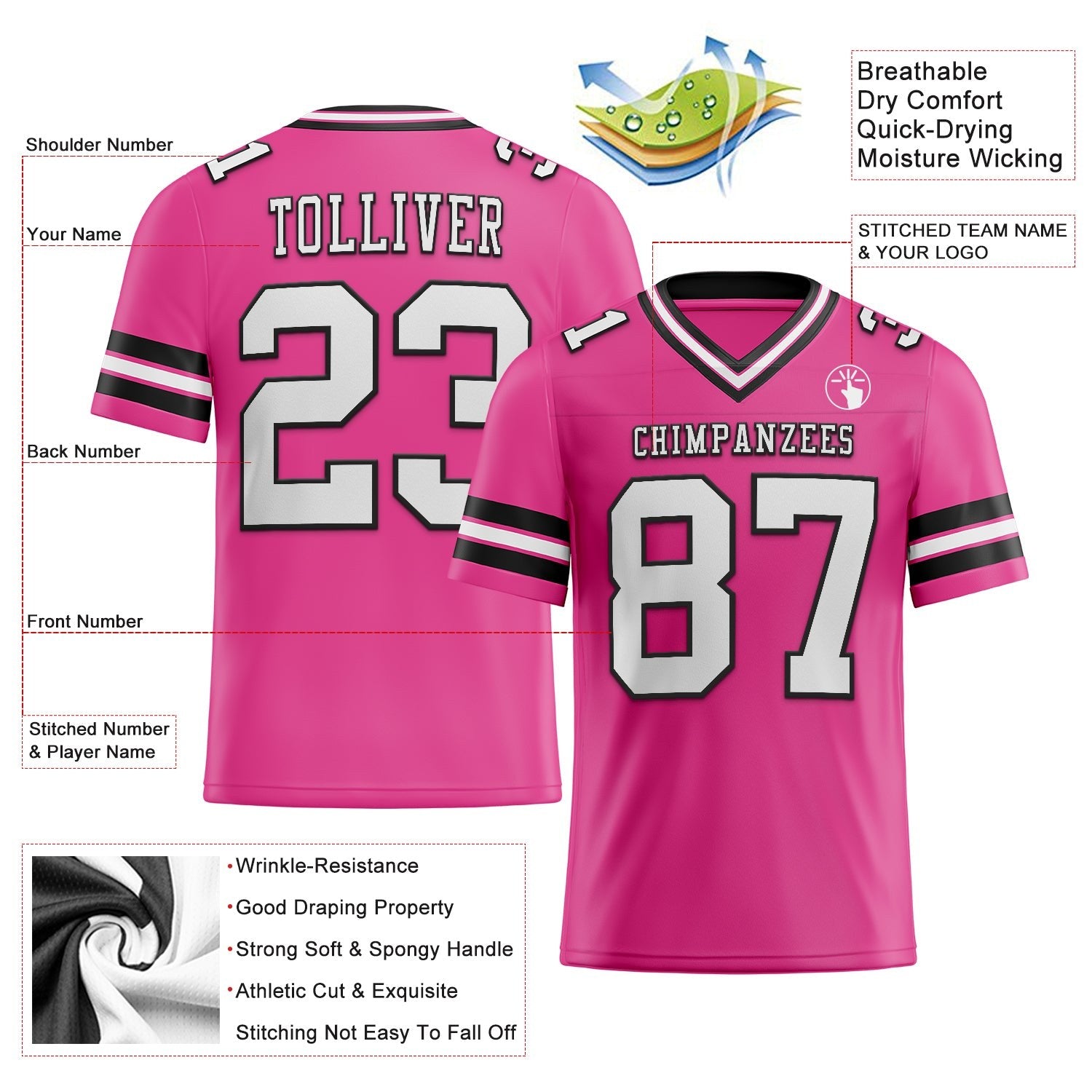 Custom Pink White-Black Authentic Football Jersey photo 2