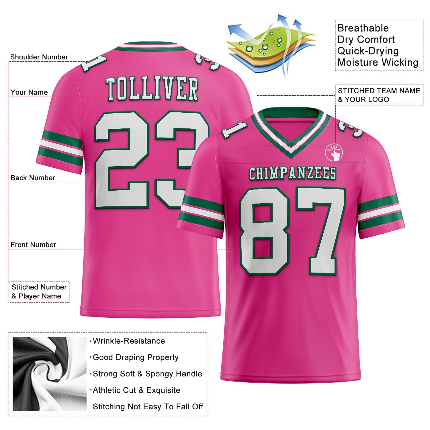 Custom Pink White-Kelly Green Authentic Football Jersey photo 2
