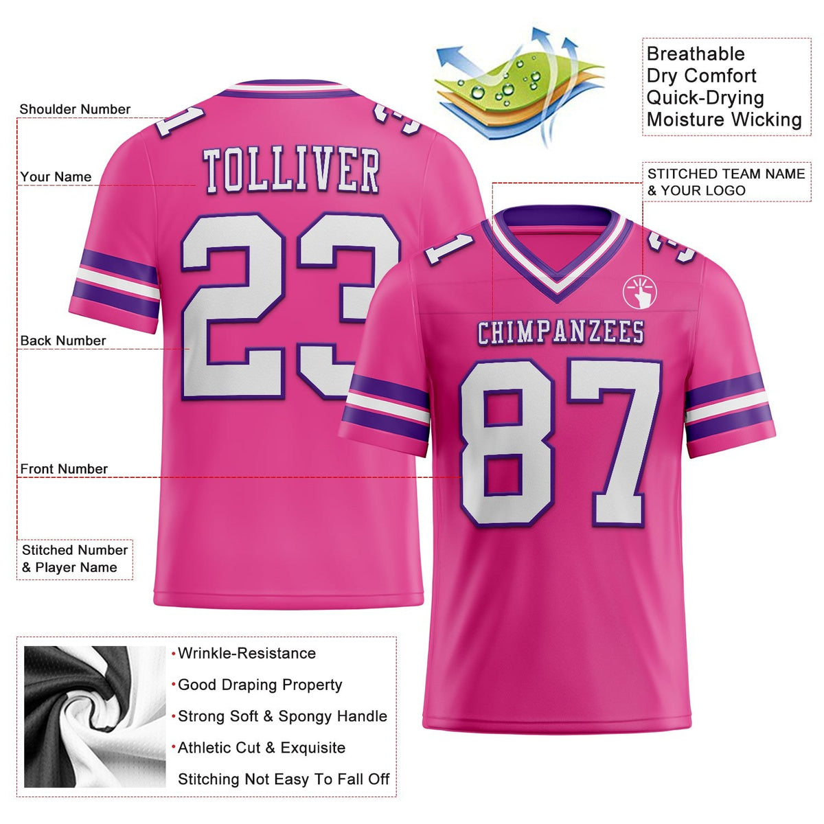 Custom Pink White-Purple Authentic Football Jersey photo 2