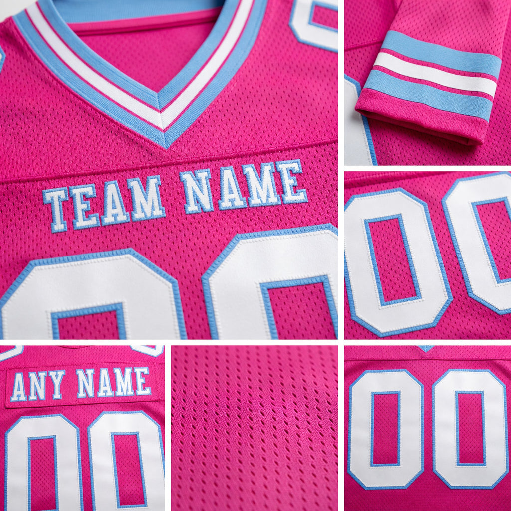 Custom Pink White-Light Blue Authentic Football Jersey detail