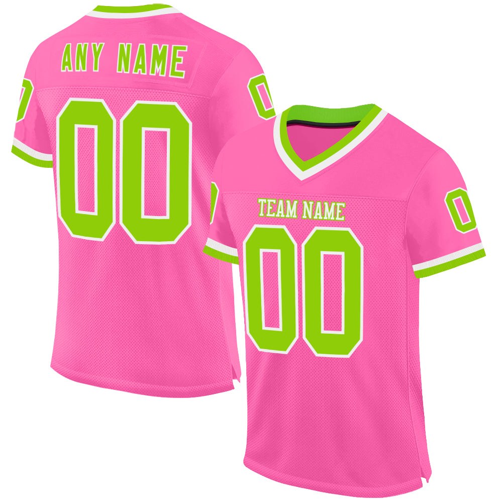 Custom Pink Neon Green-White Mesh Authentic Throwback Football Jersey photo 1