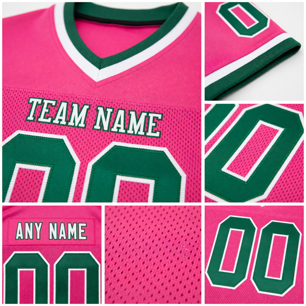 Custom Pink Green-White Mesh Authentic Throwback Football Jersey detail