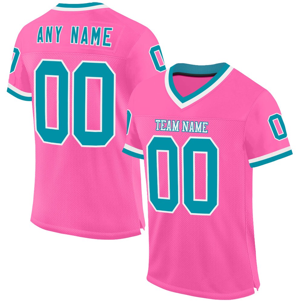 Custom Pink Teal-White Mesh Authentic Throwback Football Jersey photo 1