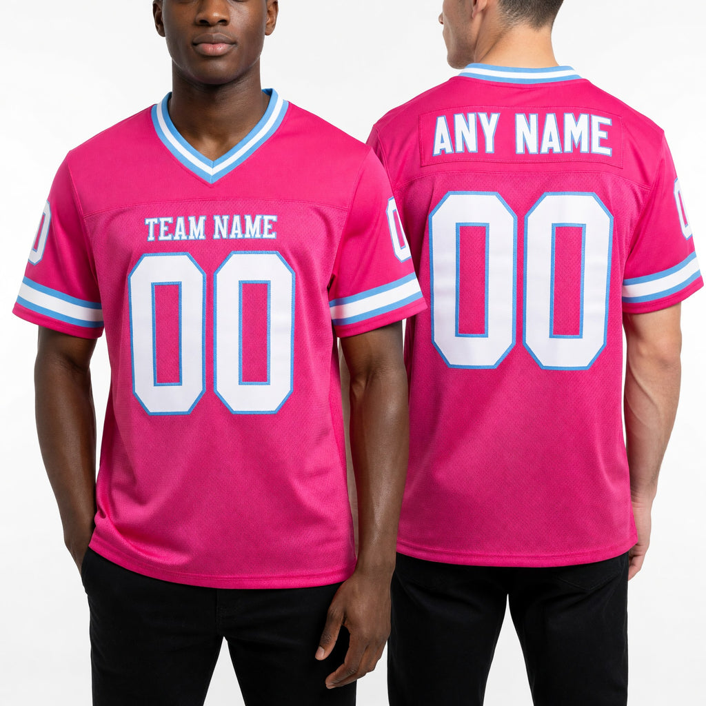 Custom Pink White-Light Blue Mesh Authentic Throwback Football Jersey worn front and back