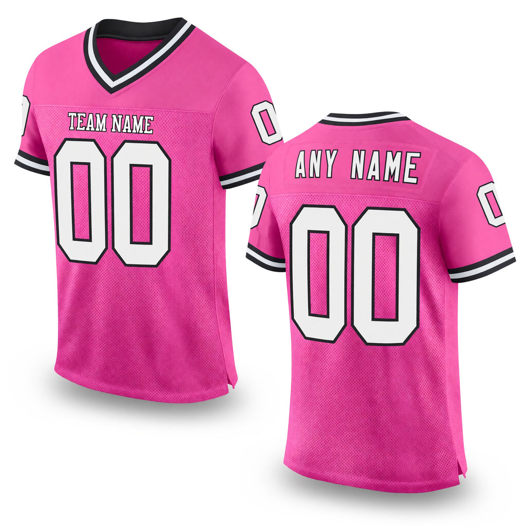 Custom Pink White-Black Mesh Authentic Throwback Football Jersey