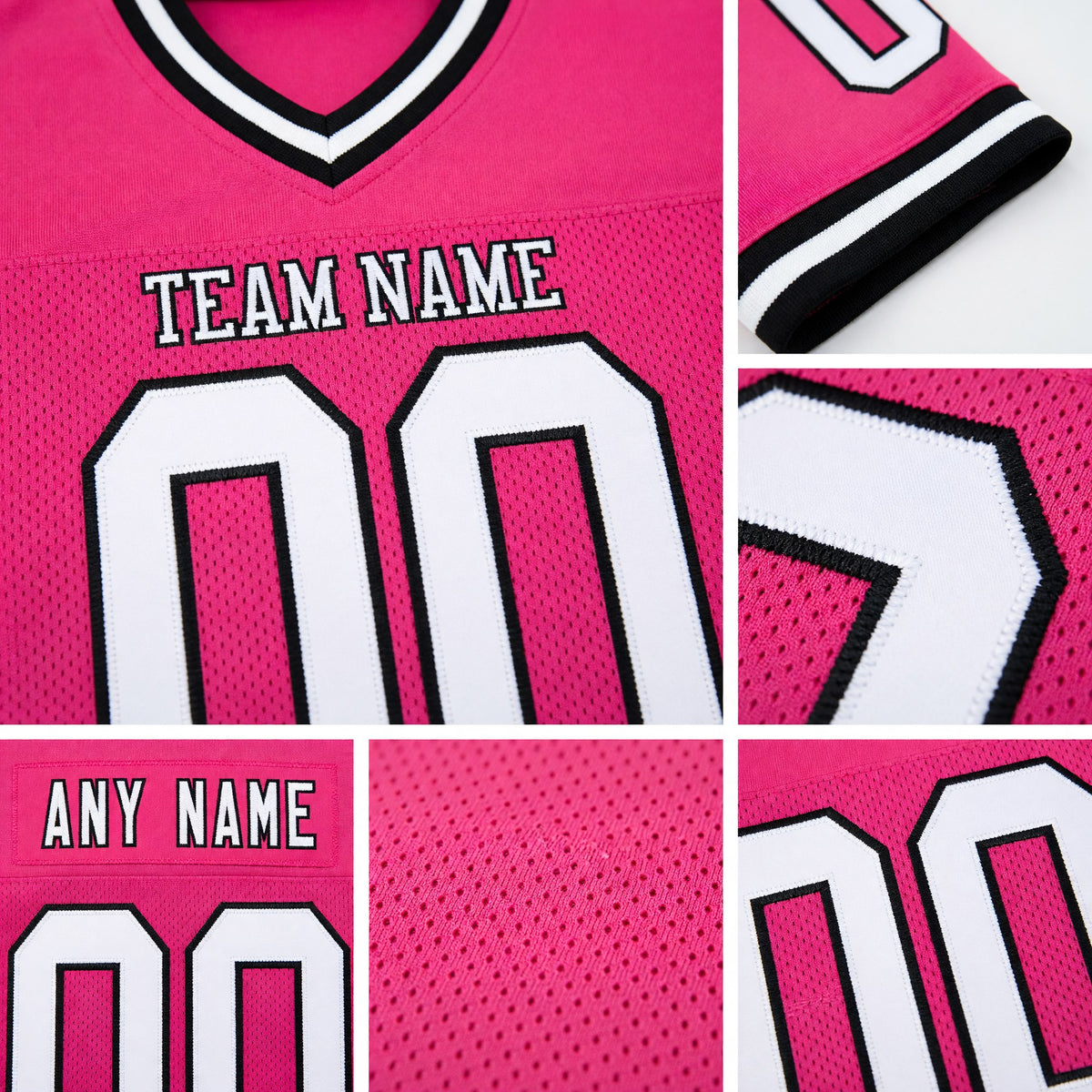 Custom Pink White-Black Mesh Authentic Throwback Football Jersey detail