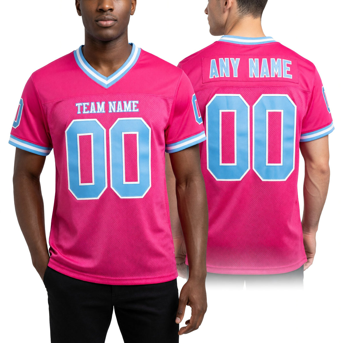 Custom Pink Light Blue-White Mesh Authentic Throwback Football Jersey worn front and back