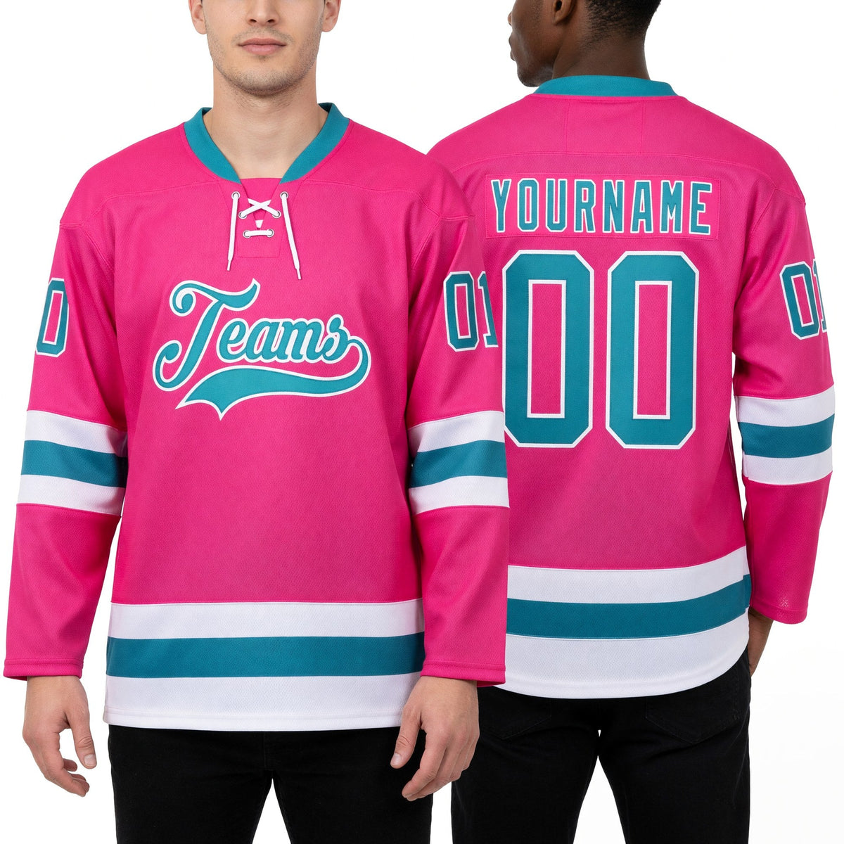 Custom Pink Teal-White Hockey Lace Neck Jersey worn front and back