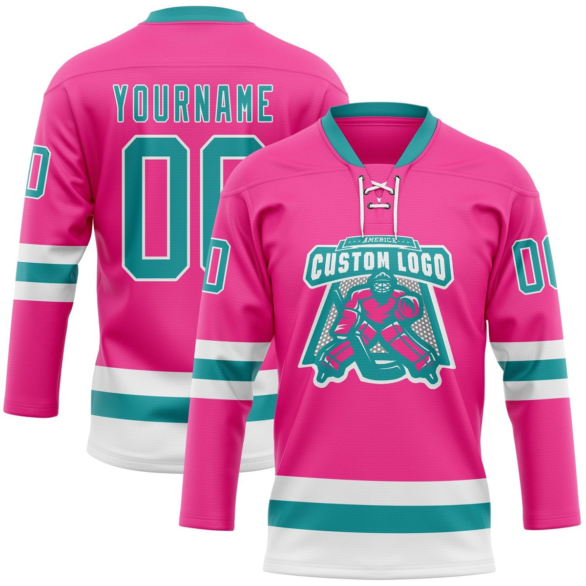 Custom Pink Teal-White Hockey Lace Neck Jersey photo 2