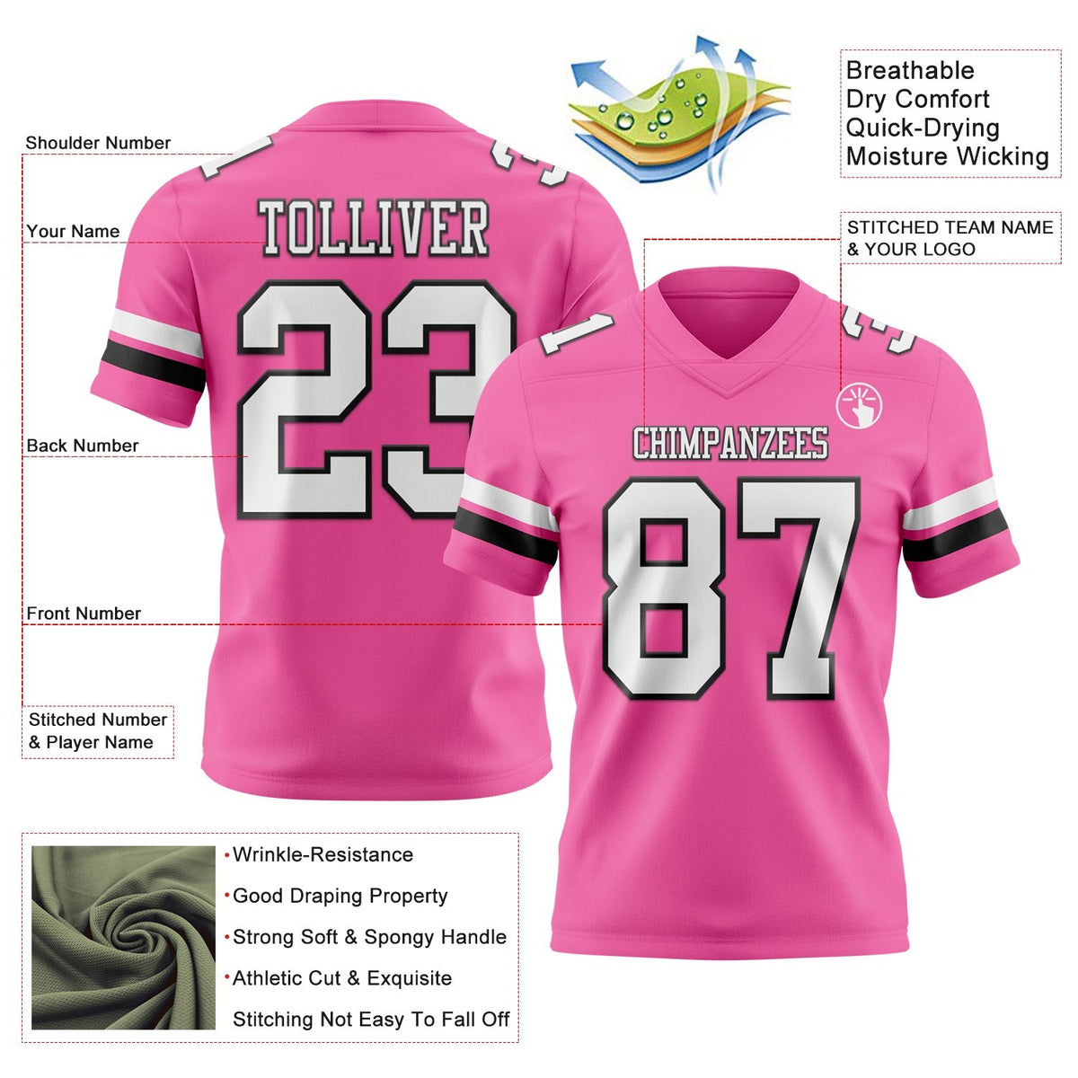 Custom Pink White-Black Authentic Football Jersey photo 3
