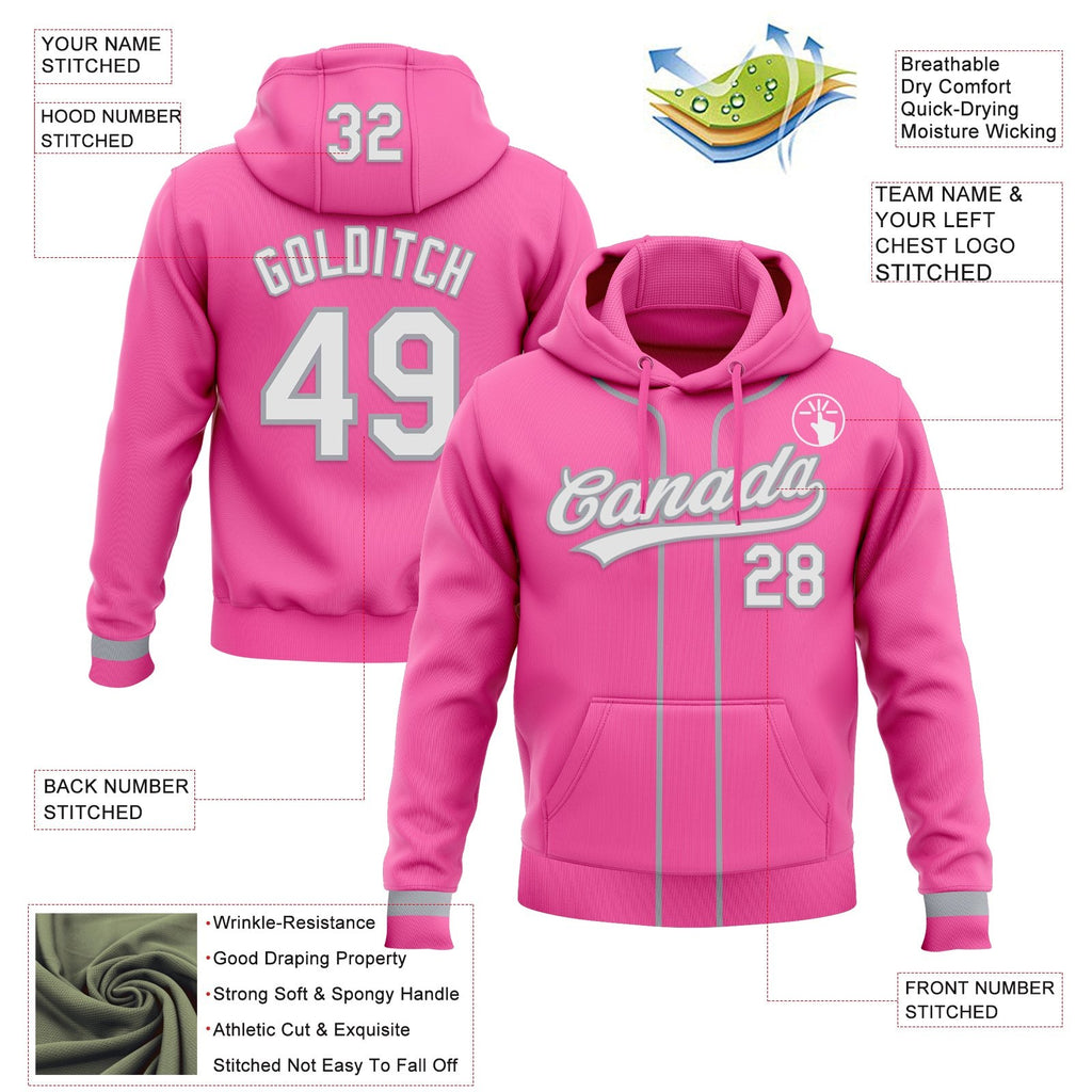 Custom Stitched Pink White-Gray Baseball Pullover Sweatshirt Hoodie photo 2