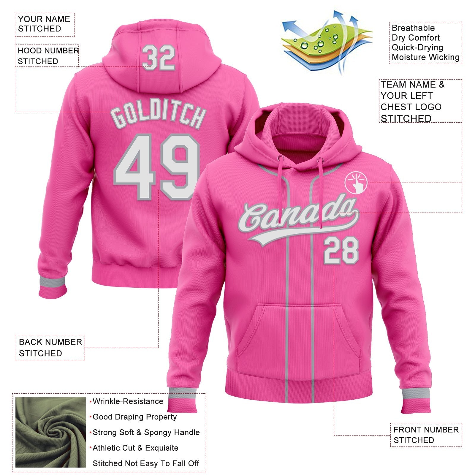 Custom Stitched Pink White-Gray Baseball Pullover Sweatshirt Hoodie photo 2
