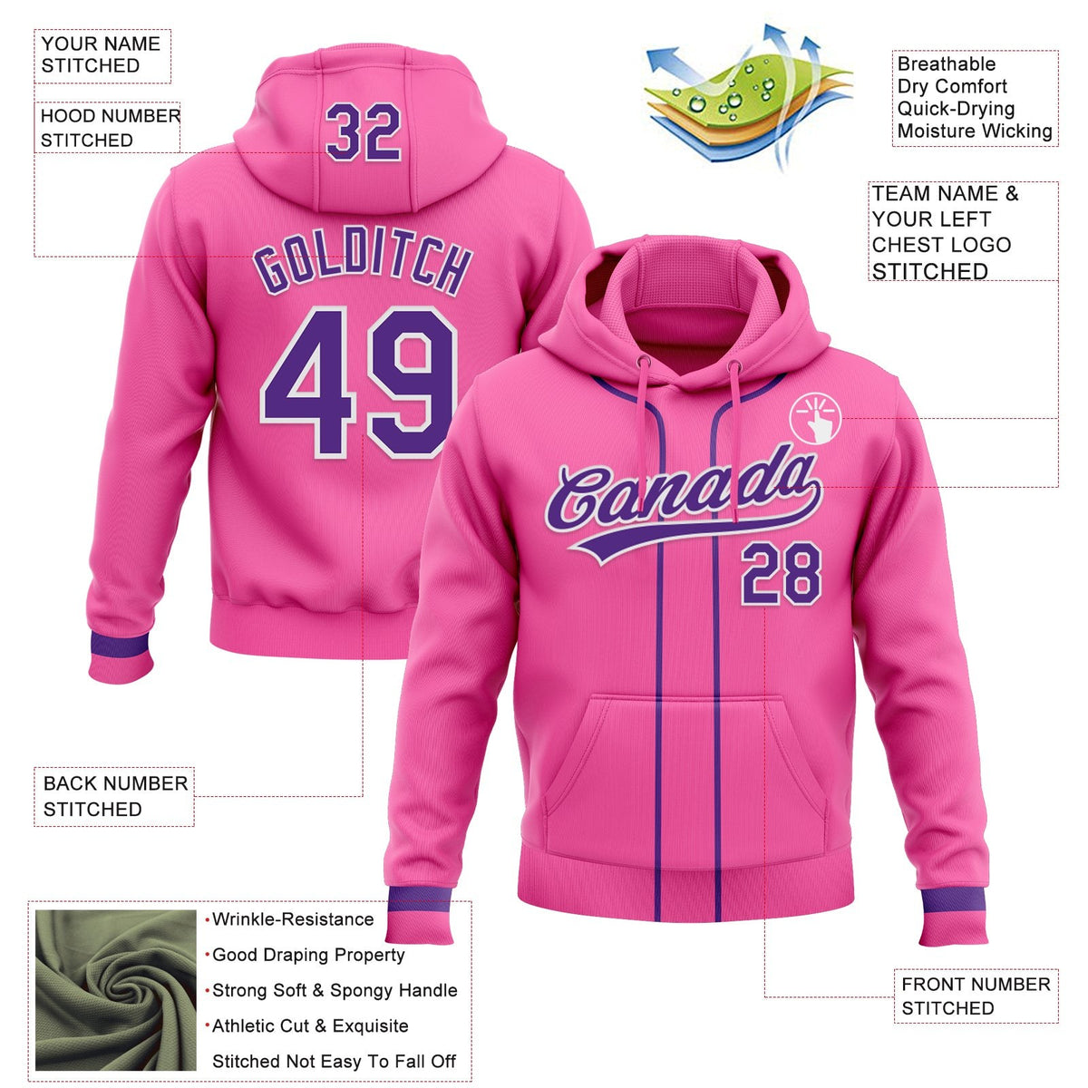 Custom Stitched Pink Purple-White Baseball Pullover Sweatshirt Hoodie photo 2