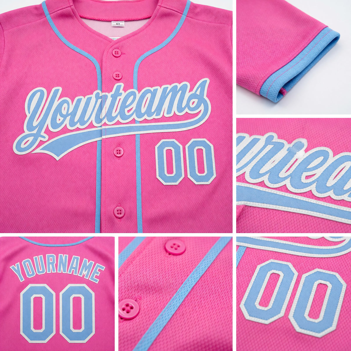 Custom Stitched Pink Light Blue-White Baseball Pullover Sweatshirt Hoodie detail