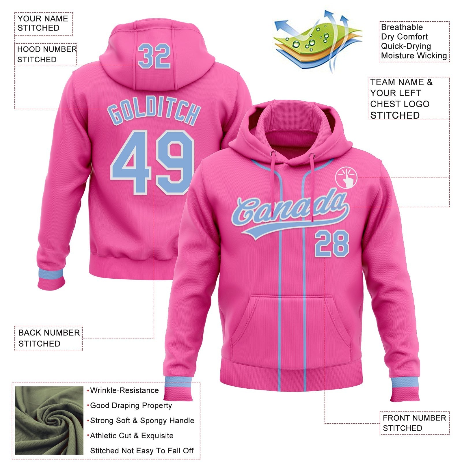 Custom Stitched Pink Light Blue-White Baseball Pullover Sweatshirt Hoodie photo 2