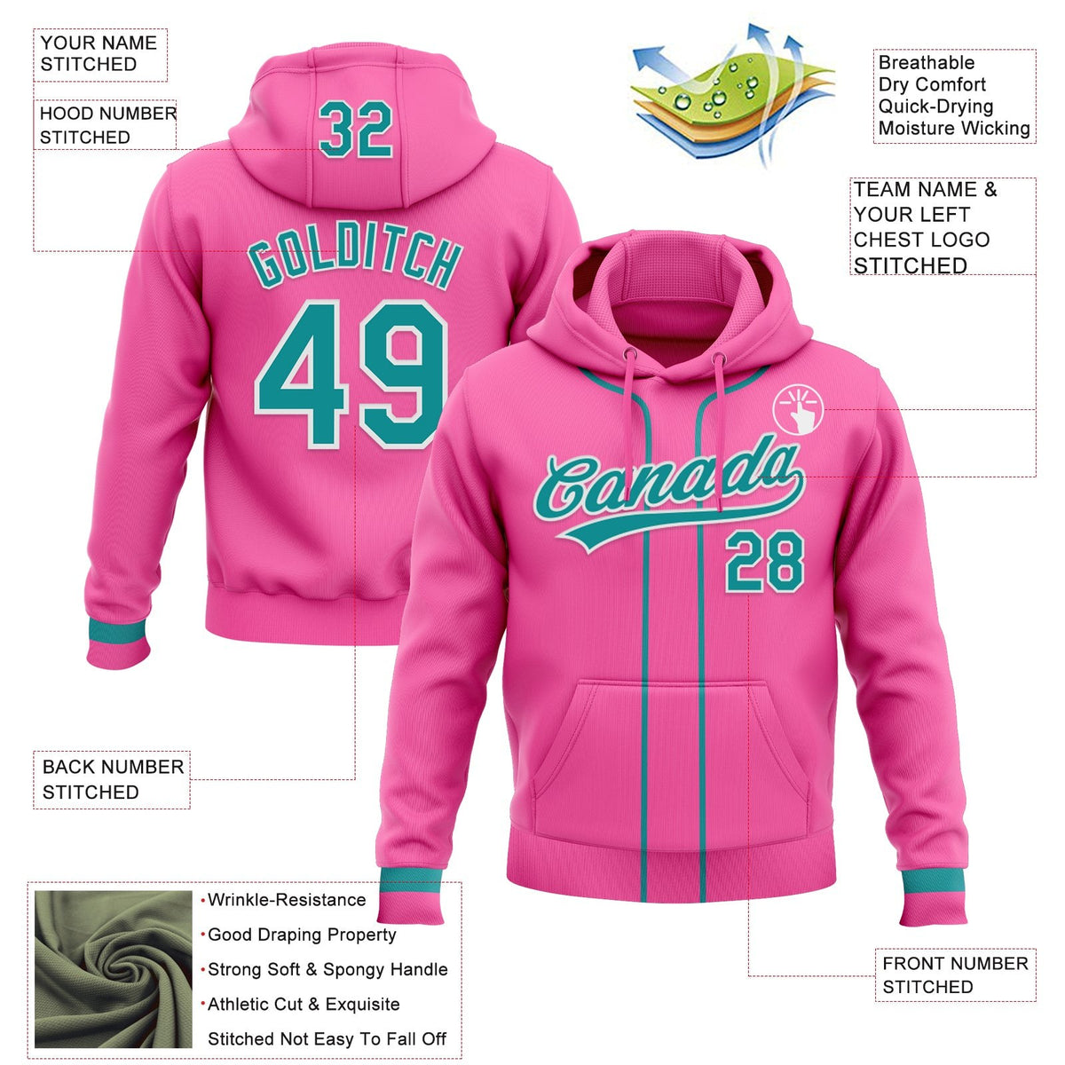Custom Stitched Pink Teal-White Baseball Pullover Sweatshirt Hoodie photo 2
