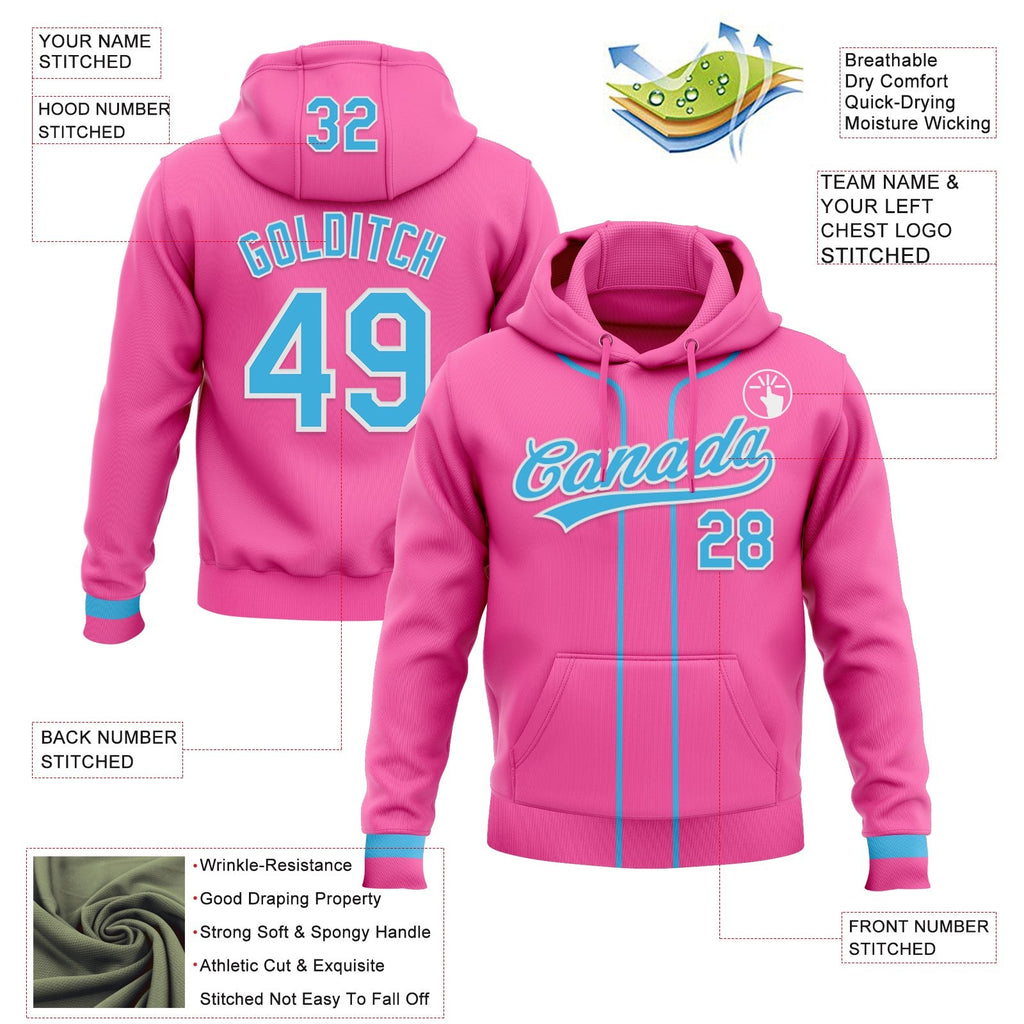 Custom Stitched Pink Sky Blue-White Baseball Pullover Sweatshirt Hoodie photo 2