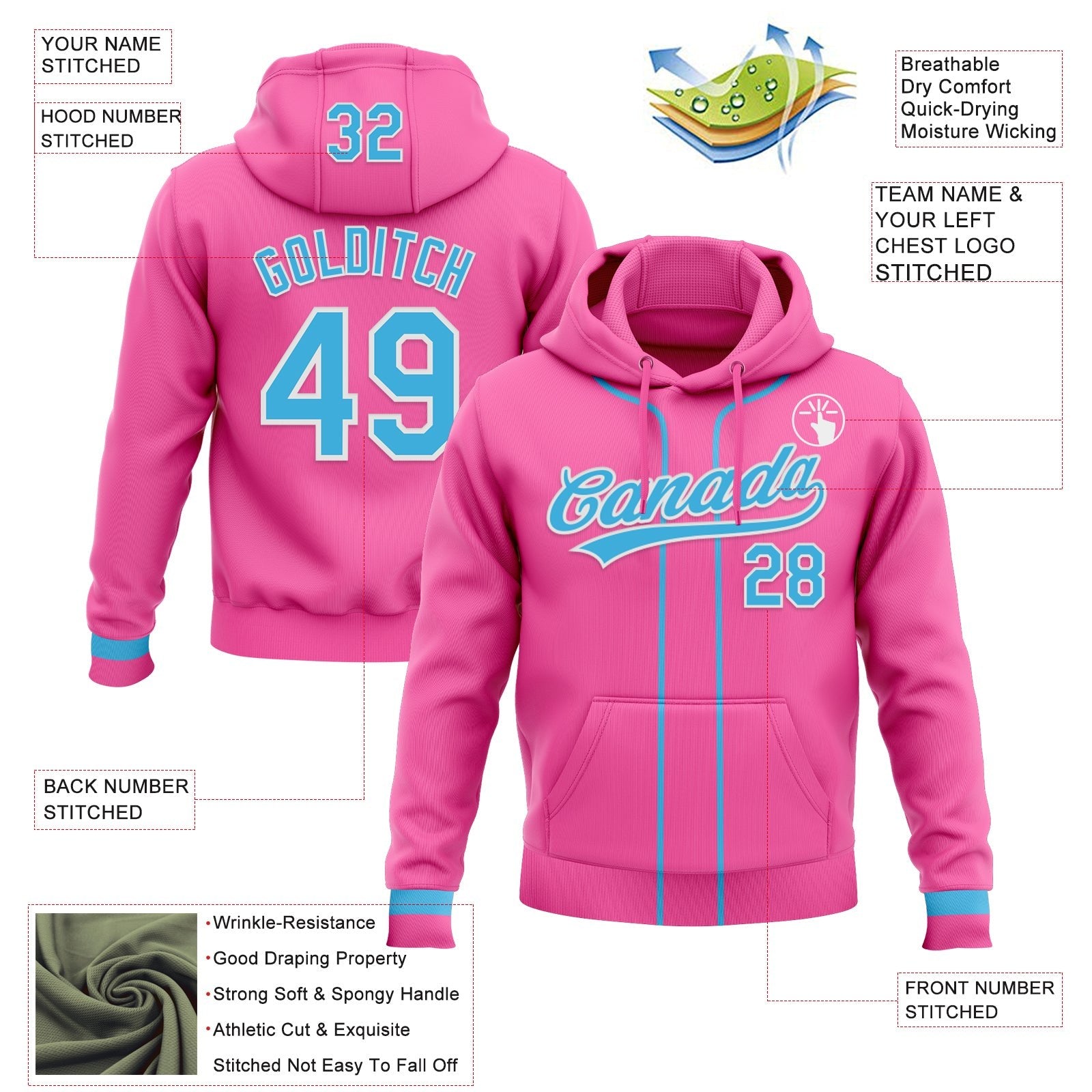 Custom Stitched Pink Sky Blue-White Baseball Pullover Sweatshirt Hoodie photo 2
