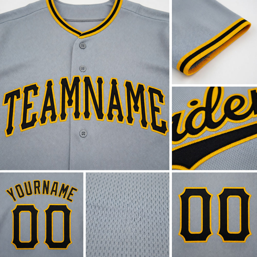 Custom Gray Black-Gold Baseball Jersey detail