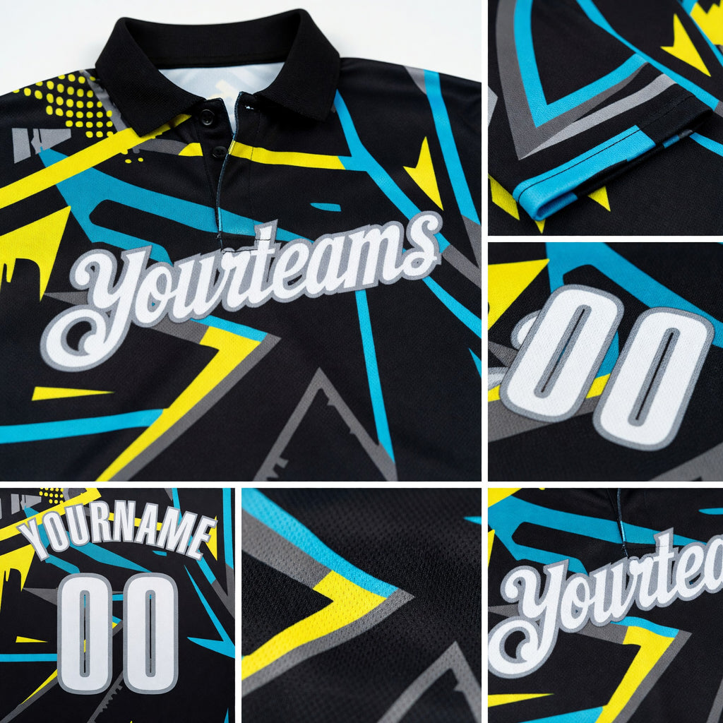 Custom Black White-Gray 3D Bowling Performance Polo Shirt detail