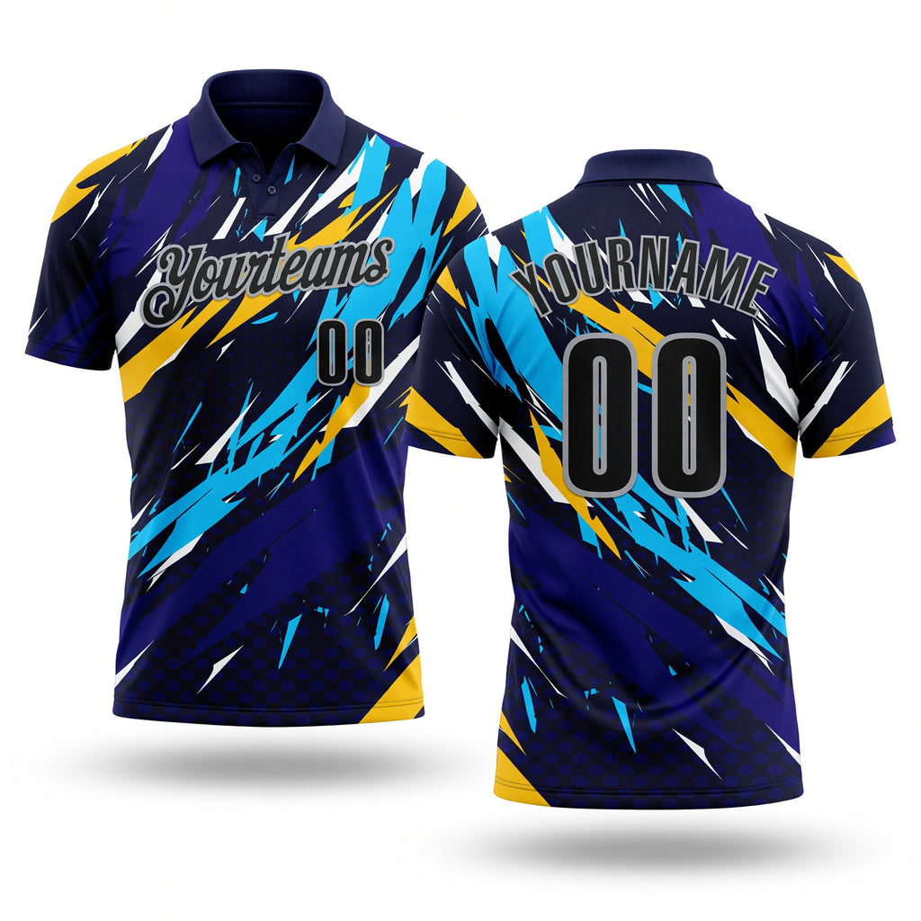 Custom Navy Black-Gray 3D Bowling Performance Polo Shirt