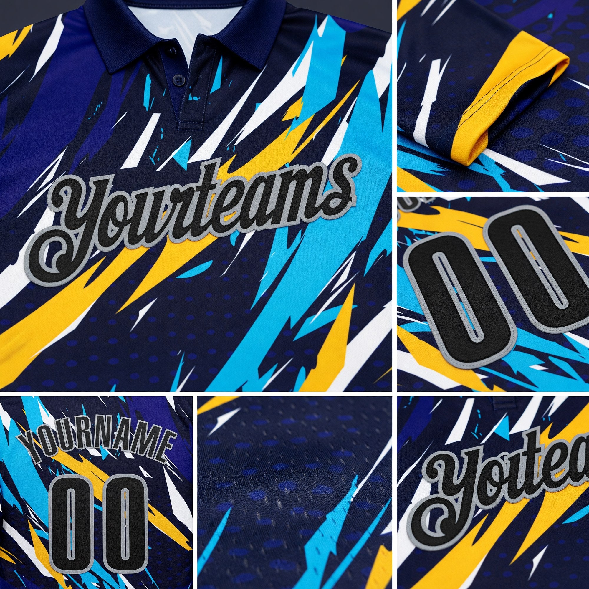 Custom Navy Black-Gray 3D Bowling Performance Polo Shirt detail