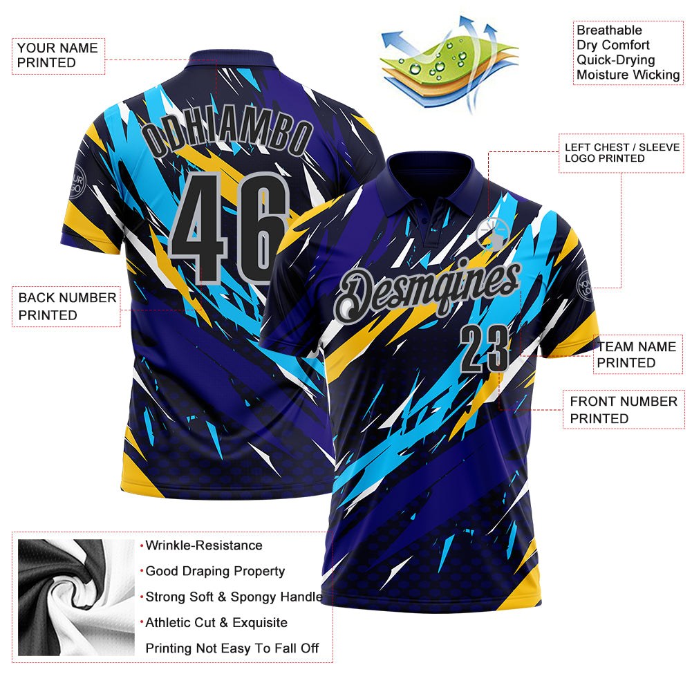 Custom Navy Black-Gray 3D Bowling Performance Polo Shirt photo 3