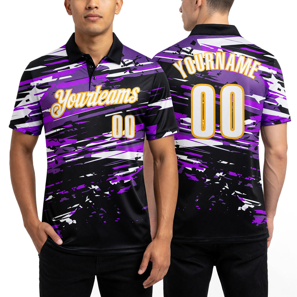 Custom Black White-Gold 3D Bowling Performance Polo Shirt worn front and back