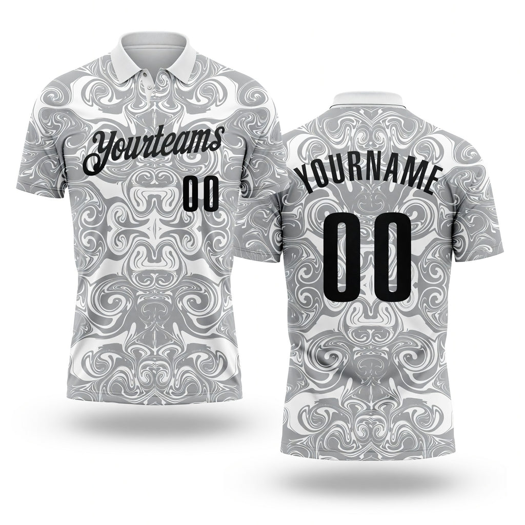 Custom White Black-Steel Gray 3D Bowling Abstract Liquid Performance Polo Shirt