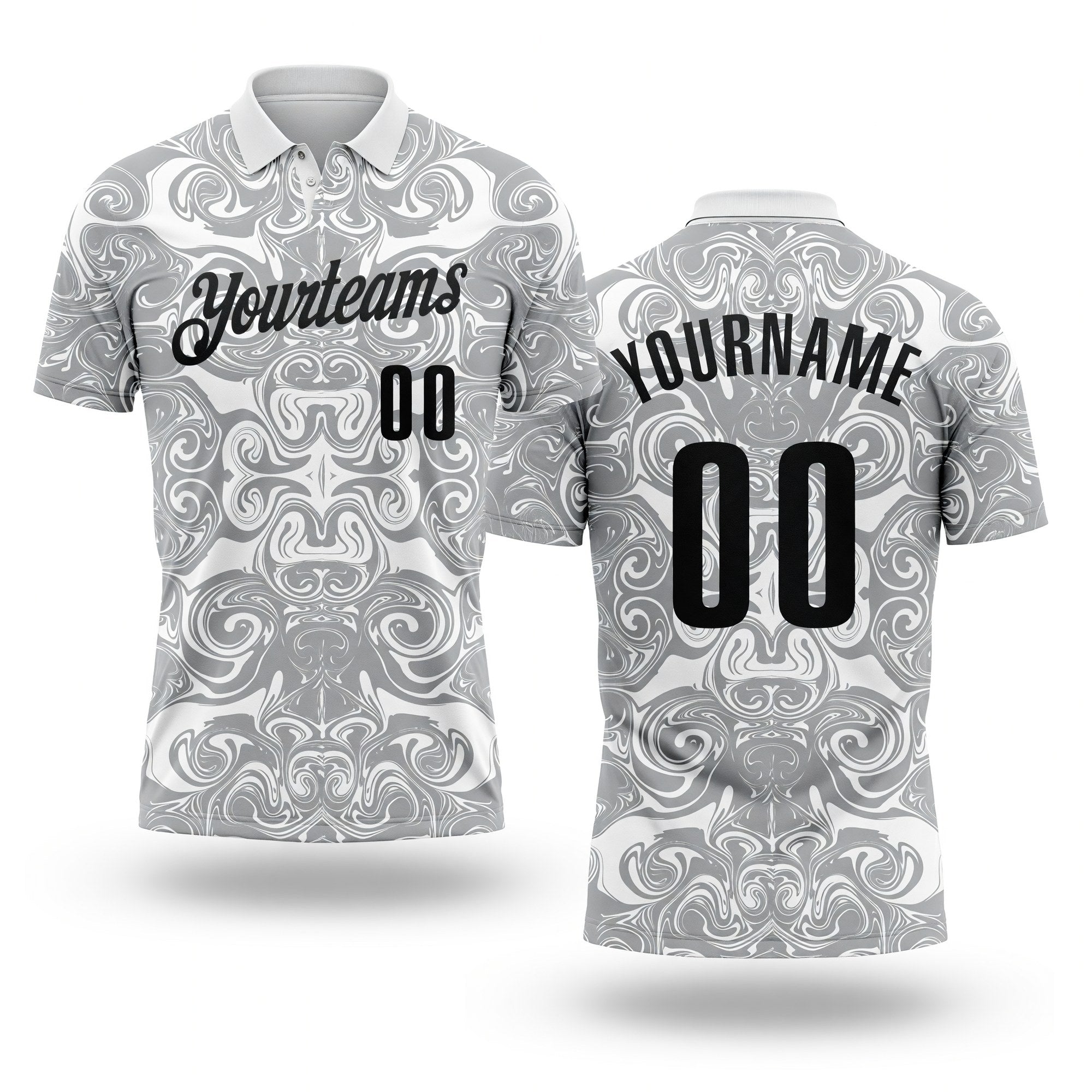 Custom White Black-Steel Gray 3D Bowling Abstract Liquid Performance Polo Shirt