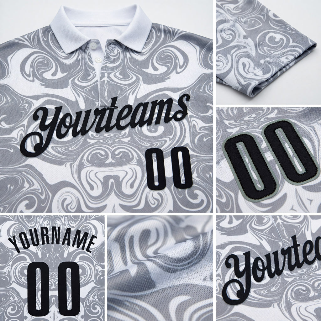Custom White Black-Steel Gray 3D Bowling Abstract Liquid Performance Polo Shirt detail