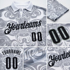 Custom White Black-Steel Gray 3D Bowling Abstract Liquid Performance Polo Shirt detail