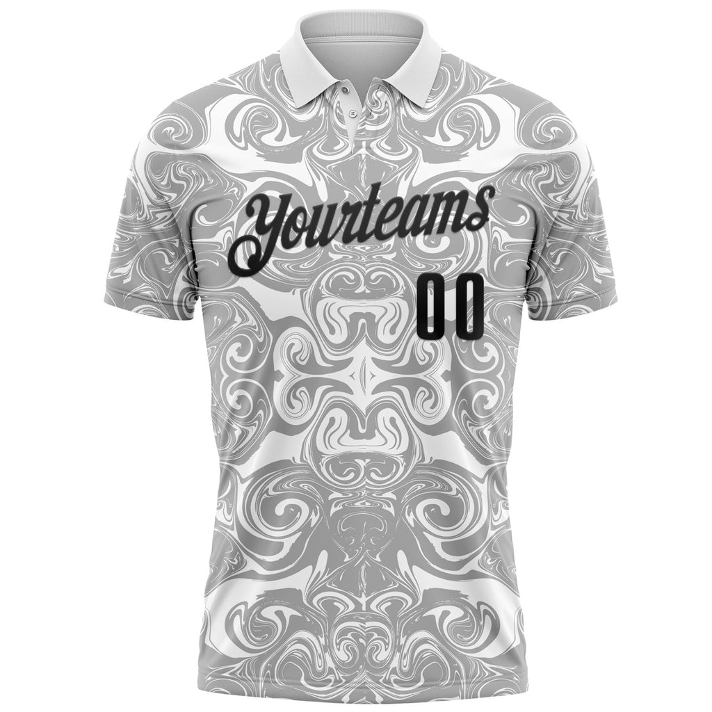 Custom White Black-Steel Gray 3D Bowling Abstract Liquid Performance Polo Shirt photo 1