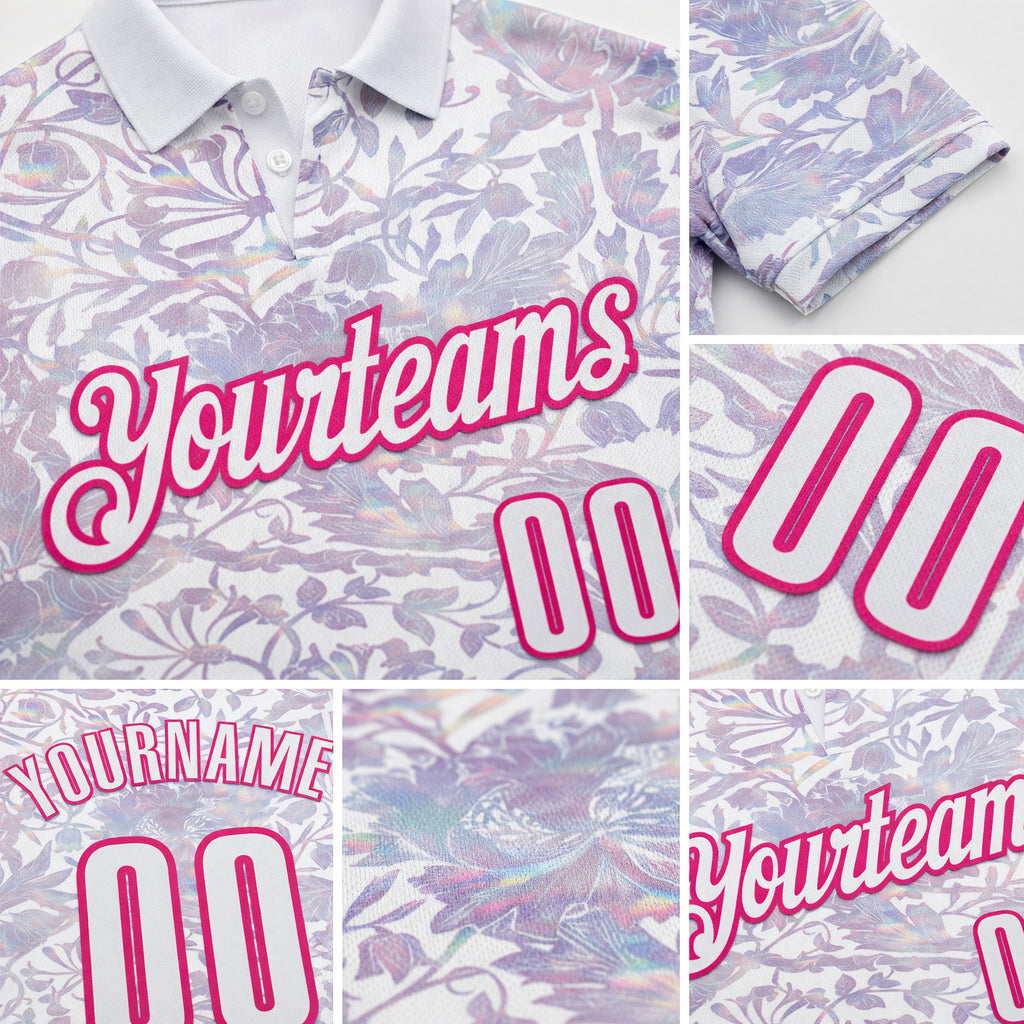 Custom White Hot Pink 3D Bowling Vintage Floral Performance Polo Shirt detail