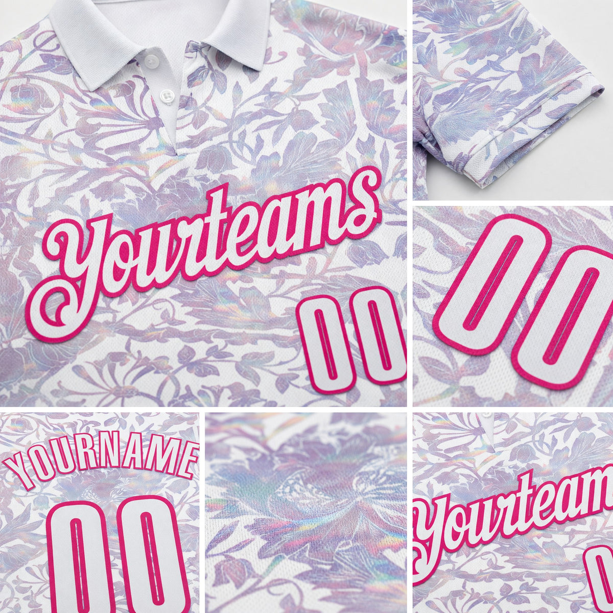 Custom White Hot Pink 3D Bowling Vintage Floral Performance Polo Shirt detail